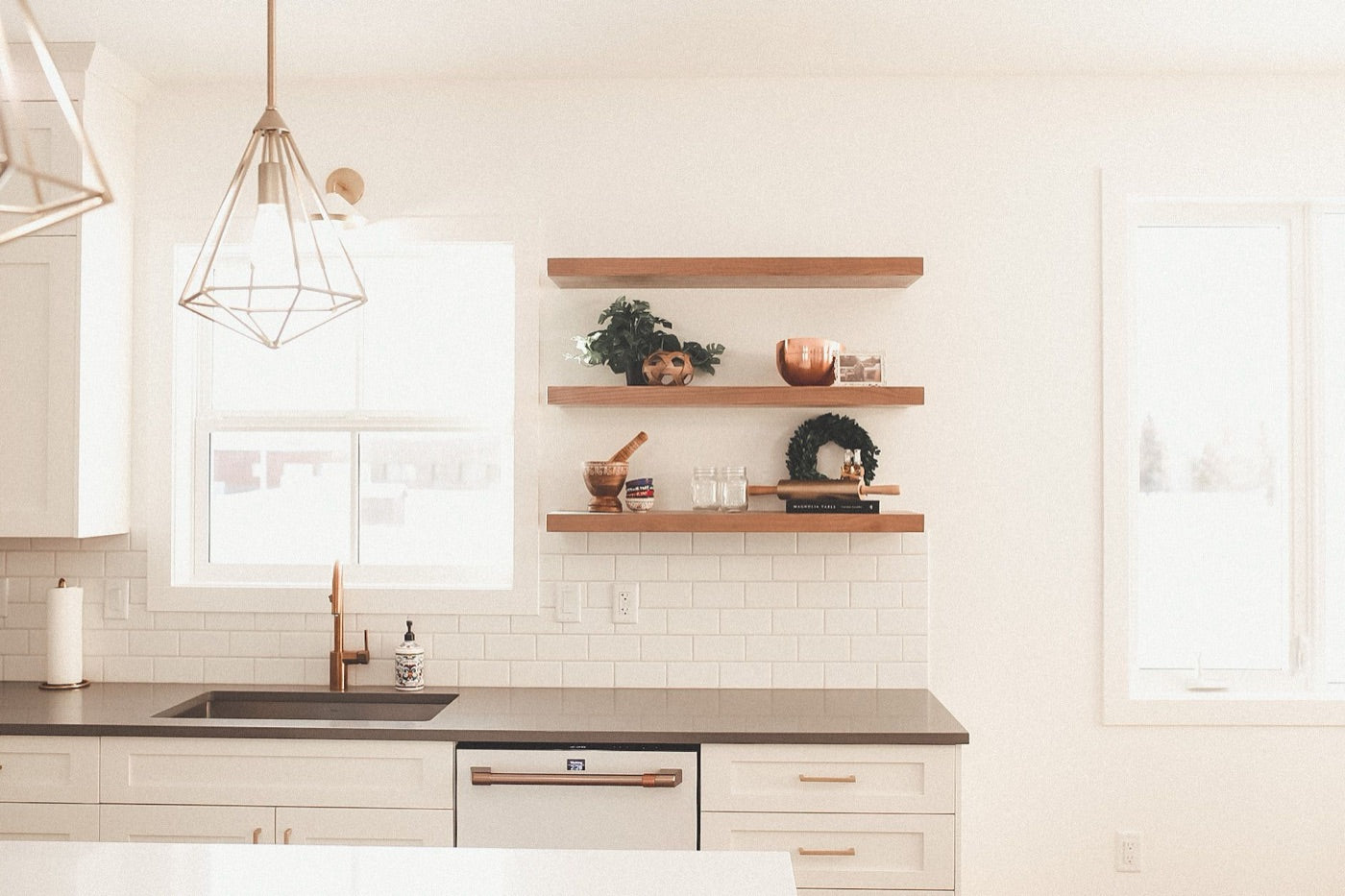 Finished floating shelves in a kitchen